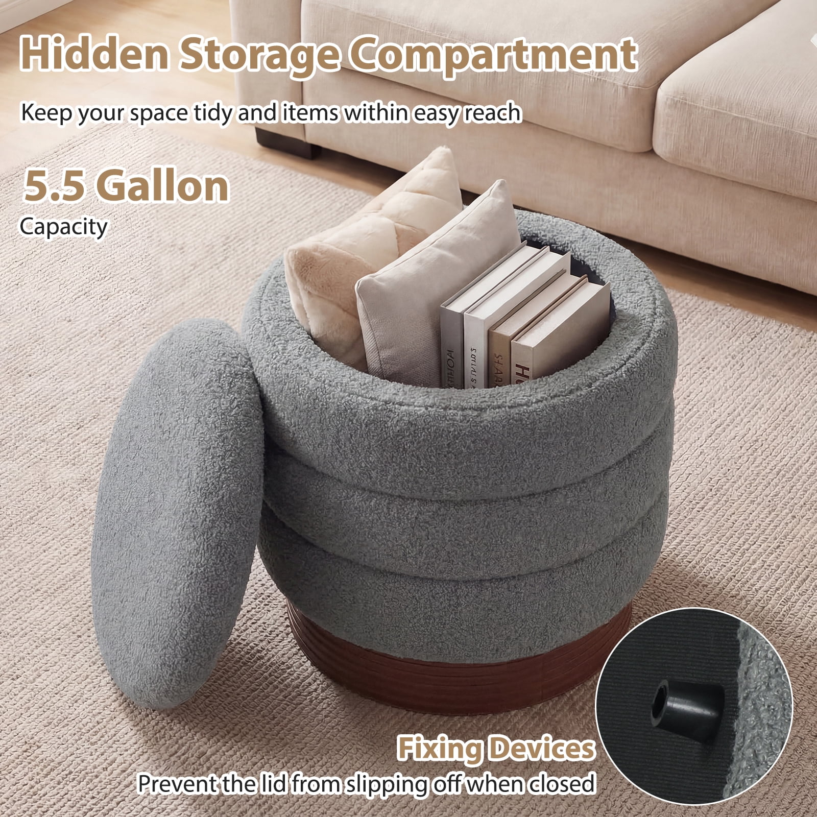 Costway 360° Swivel Boucle Foot Rest with Hidden Storage, 400 Lbs Weight Capacity Footstool Gray and Brown