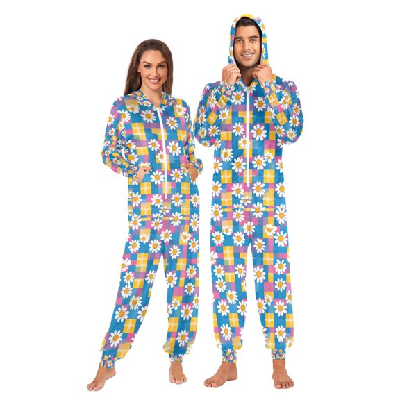 FORMRS Onesies Pajama for Adults Unisex Hoodie Winter Jumpsuit One Piece Sleepwear, Sizes S-2XL, Blue Checkered Daisy