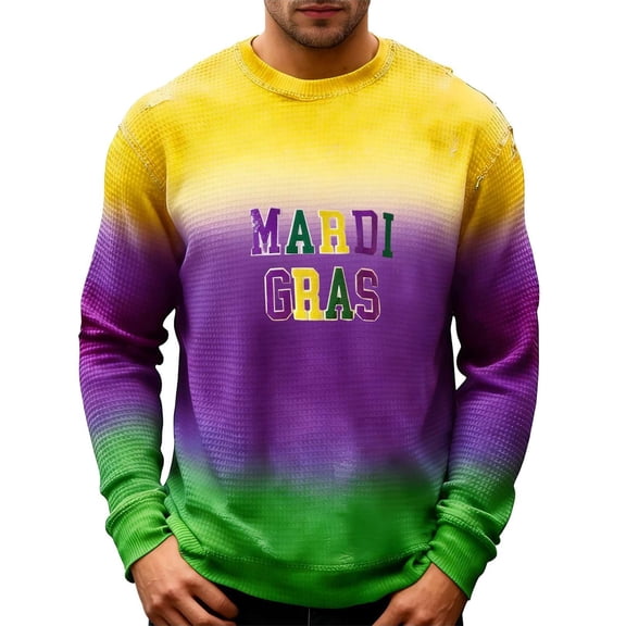 CONZONE Carnival Mens T-Shirts Long Sleeve Mardi Gras T Shirts for Men Casual Crew Neck Gradient Color Lightweight Tees Soft Cozy Tops