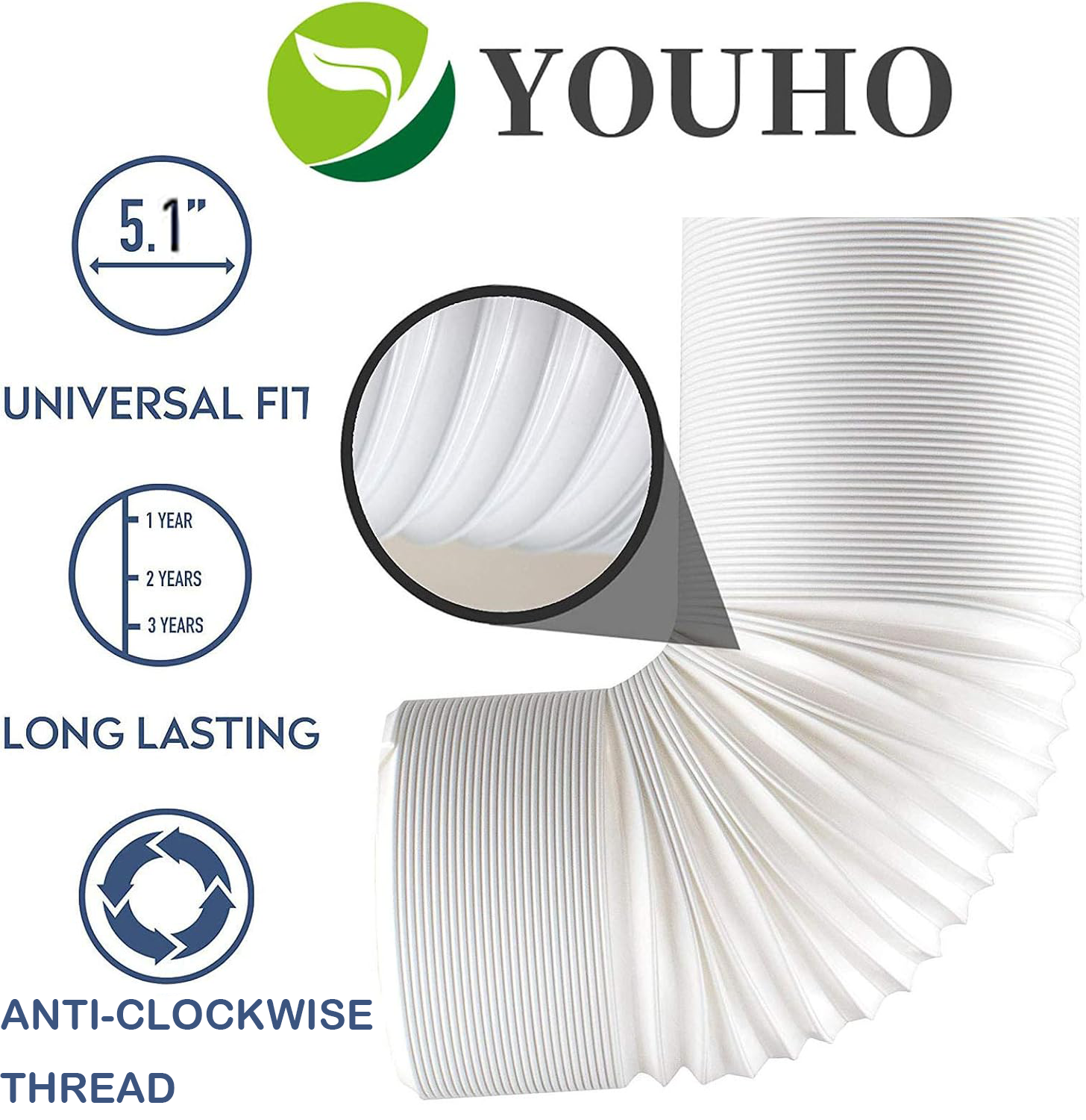 Portable Air Conditioner Hose - AC Hose YOUHO 5.1" Diameter - 80" Long. Universal Flexible Counter-Clockwise Room Airconditioner AC Vent Replacement Tube