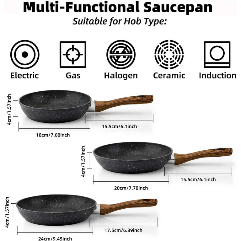 Clearance Frying Pan Set 3-Piece Nonstick Saucepan Woks Cookware  Set,Heat-Resistant Ergonomic Wood Effect Bakelite Handle Design,PFOA  Free（7/8/9.5