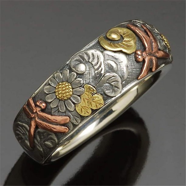 1pc Vintage Carved Ring with Flower, Dragonfly, and Sunflower Design - Unique and Stylish Jewelry for Women