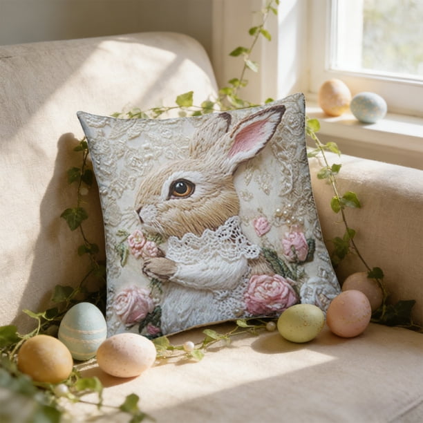 Funda de almohada con estampado digital 3D de conejo | Diseño de bordado falso | Tejido de poliéster | Funda de cojín decorativa para sofá cama de 45 x 45 cm