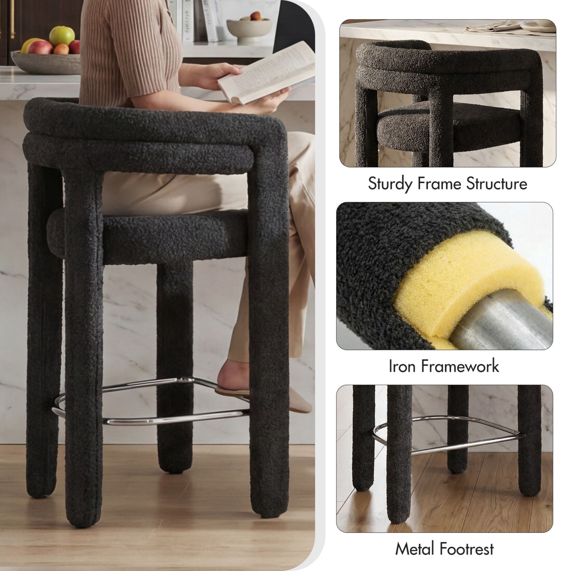 Dayalane 26" Counter Height Bar Stools Set of 1, Modern Sherpa Barrel Barstools with Back and Armrests, Stainless Steel Footrest for Kitchen Island, Black