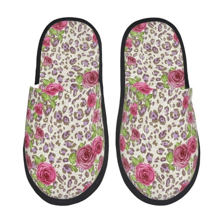 Balery Rose Mix Leopard 4 Slient Indoor Furry Fleece Comfort House Shoes Soft Non-Slip Home Shoes Cotton slippers House Slippers-- Medium