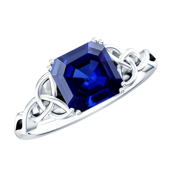 Rosec Jewels Asscher Cut Lab Grown Blue Sapphire Solitaire Ring, Celtic Knot Ring - 4.8 Carat - AAAA Quality, 925 Sterling Silver, US 4.00