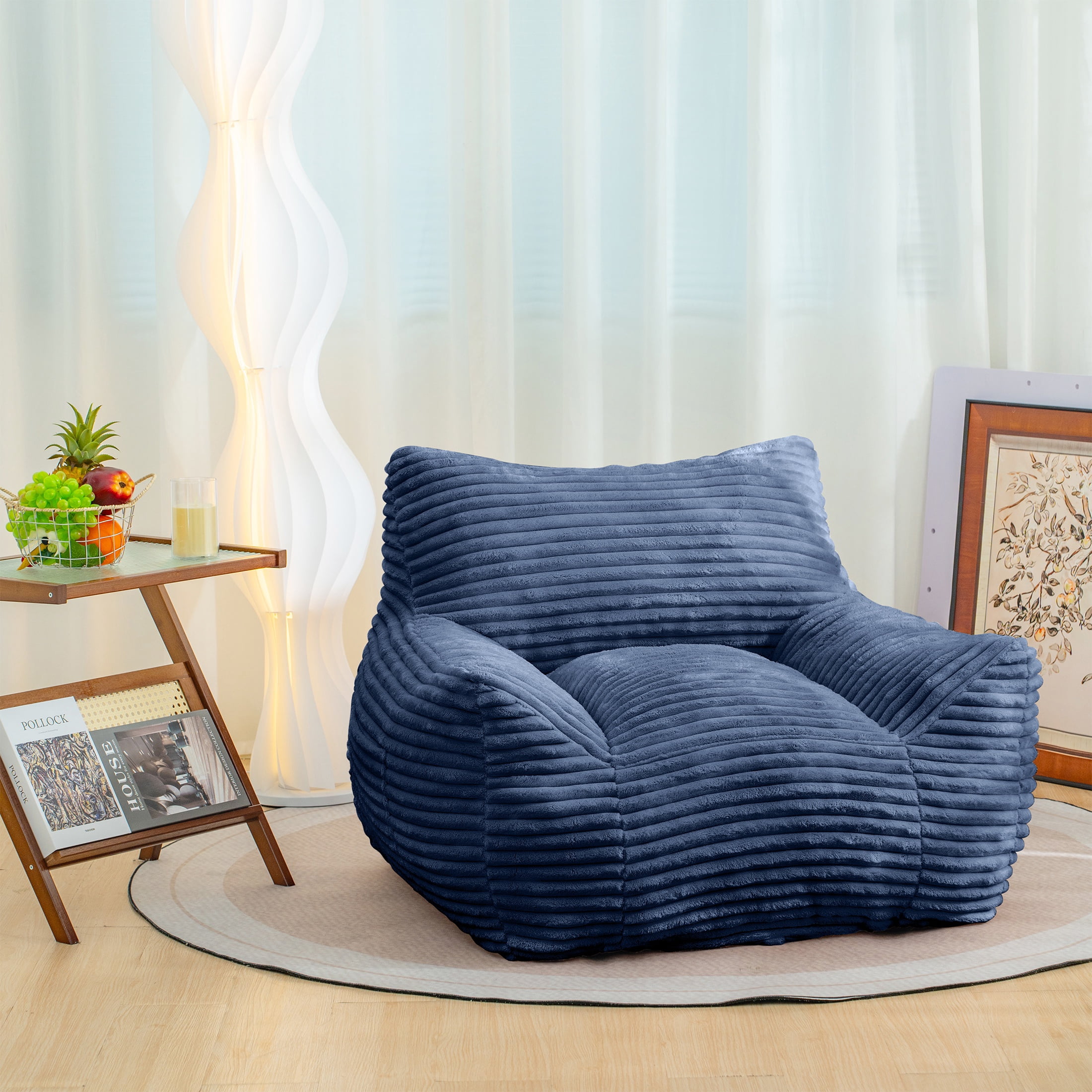 PORKISS Giant Bean Bag Chairs for Adults, Big Comfy Chair Sofa with Corduroy Fabric, Ultra Soft Lazy Floor Sofa Chair with Storage Side Pockets for Family, Blue