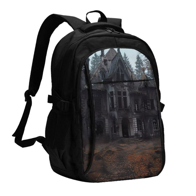 Easygdp Gloomy Mansion Forest Scene Mochila para Laptop de Viaje con Puerto USB, Mochila para Laptop con Puerto de Carga USB para Mujeres y Hombres