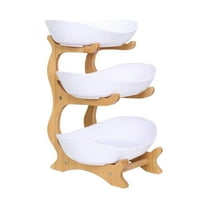 3 Tier Plastic Fruit Bowl with Bamboo Wood Stand for Kitchen Counter, Porcelain Fruit Basket for Vegetable Storage, Snack Dessert Cake Tray Plate Rack for Party Wedding - White