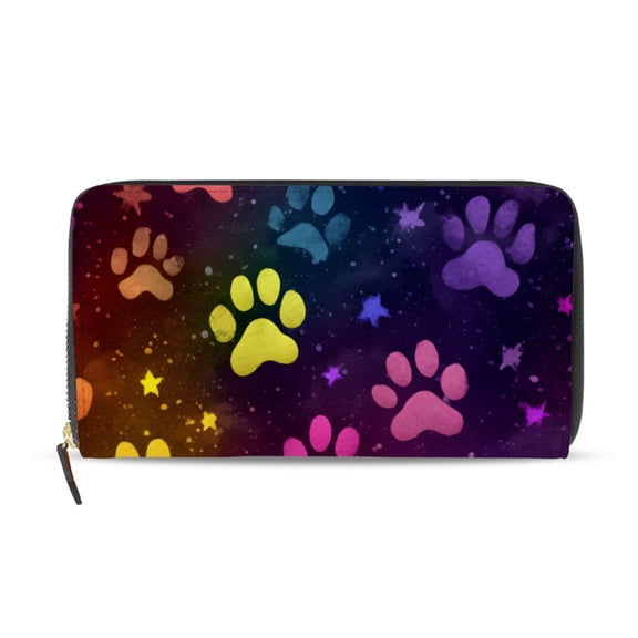 Colorful Dog Paws Stars Print Women's Long Zipper Wallet Bifold Clutch Purse PU Leather Card Cases