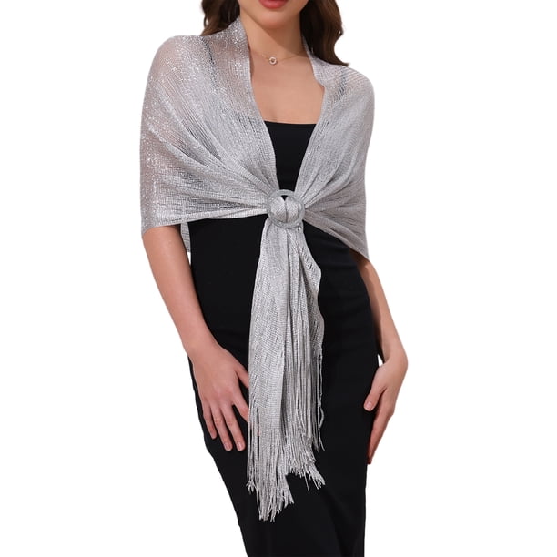 Chales y envolturas para mujeres Inspire Chic para vestidos de noche, brillante, chispeante y elegante con hebilla 74.8x17.7" (LxA) Plata (Plata)
