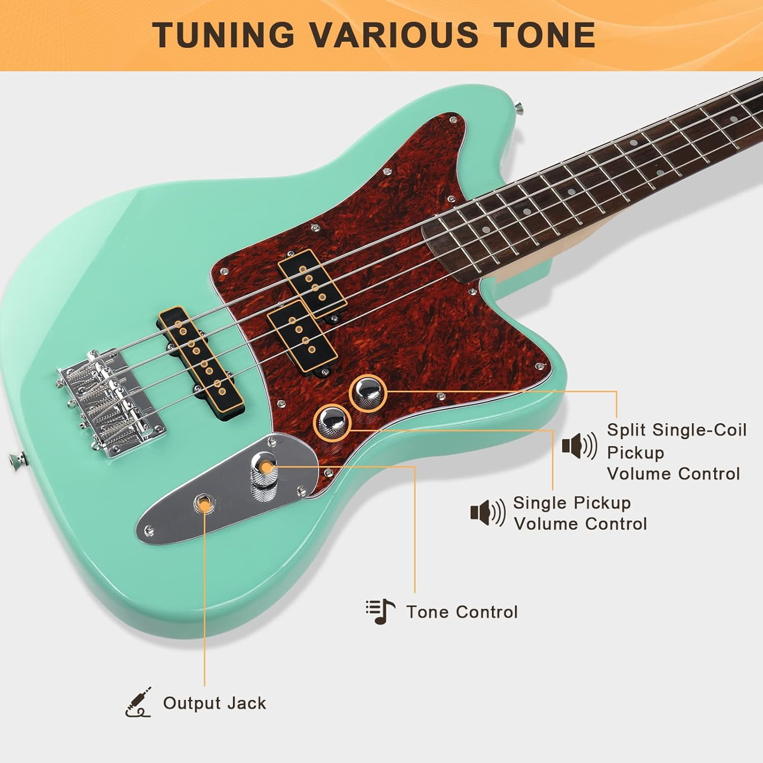 GLARRY 4 String Electric Bass Guitar Beginner Kit w/20w Amp, Red Pearl Guard Full Size Bass with Digital Tuner,Amp Cable, Strap, Bag and Accessories(Mint Green)