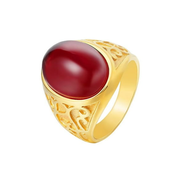 PAMTIER Men's Stainless Steel Personality Vintage Dainty Special Flower Pattern Carved Oval Agate Gemstone Signet Ring Red Size 7
