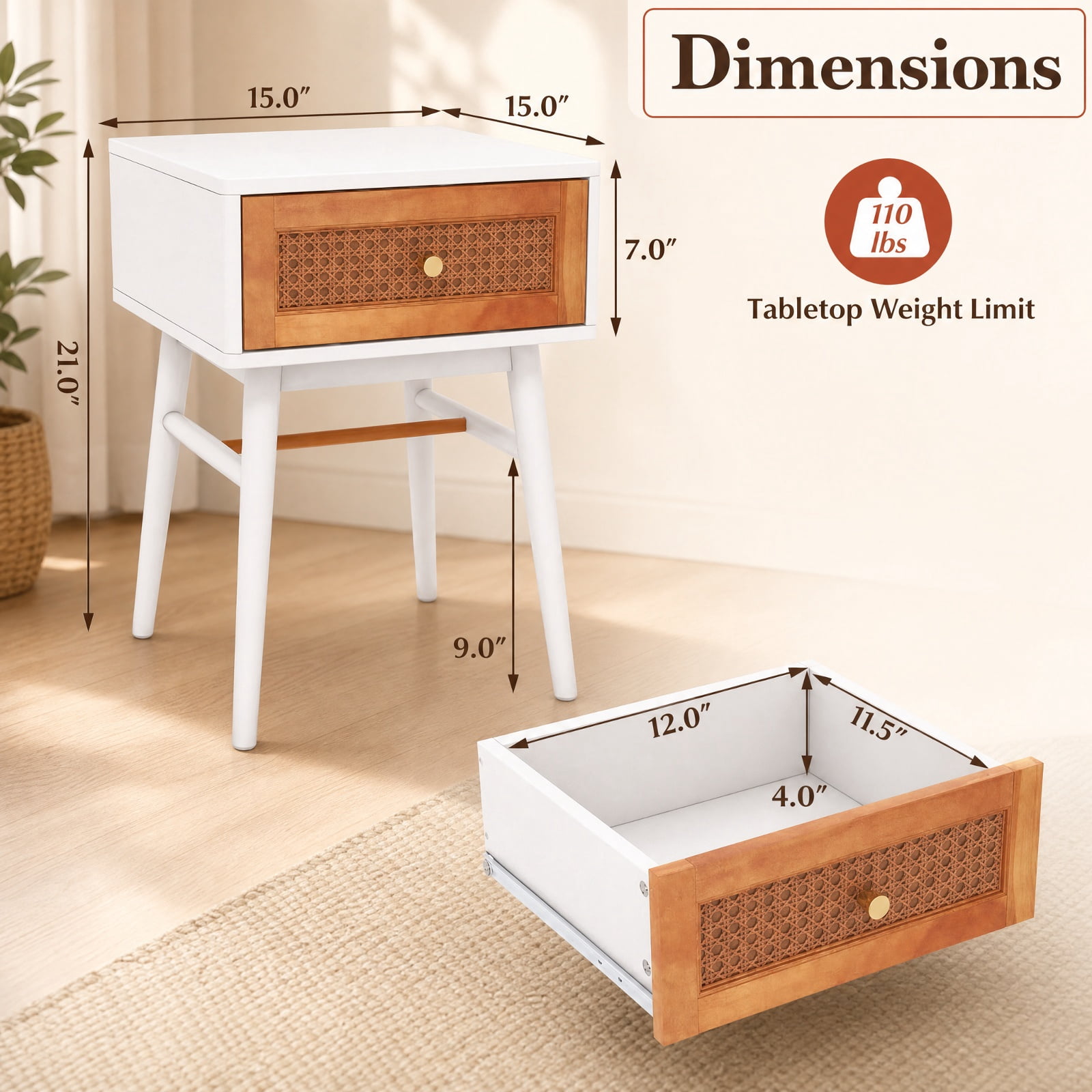 Furnibear 1-Drawer Modern Bedside Table with Solid Wood Legs for Bedroom Living Room Bedside Sofa Side Small Space, White
