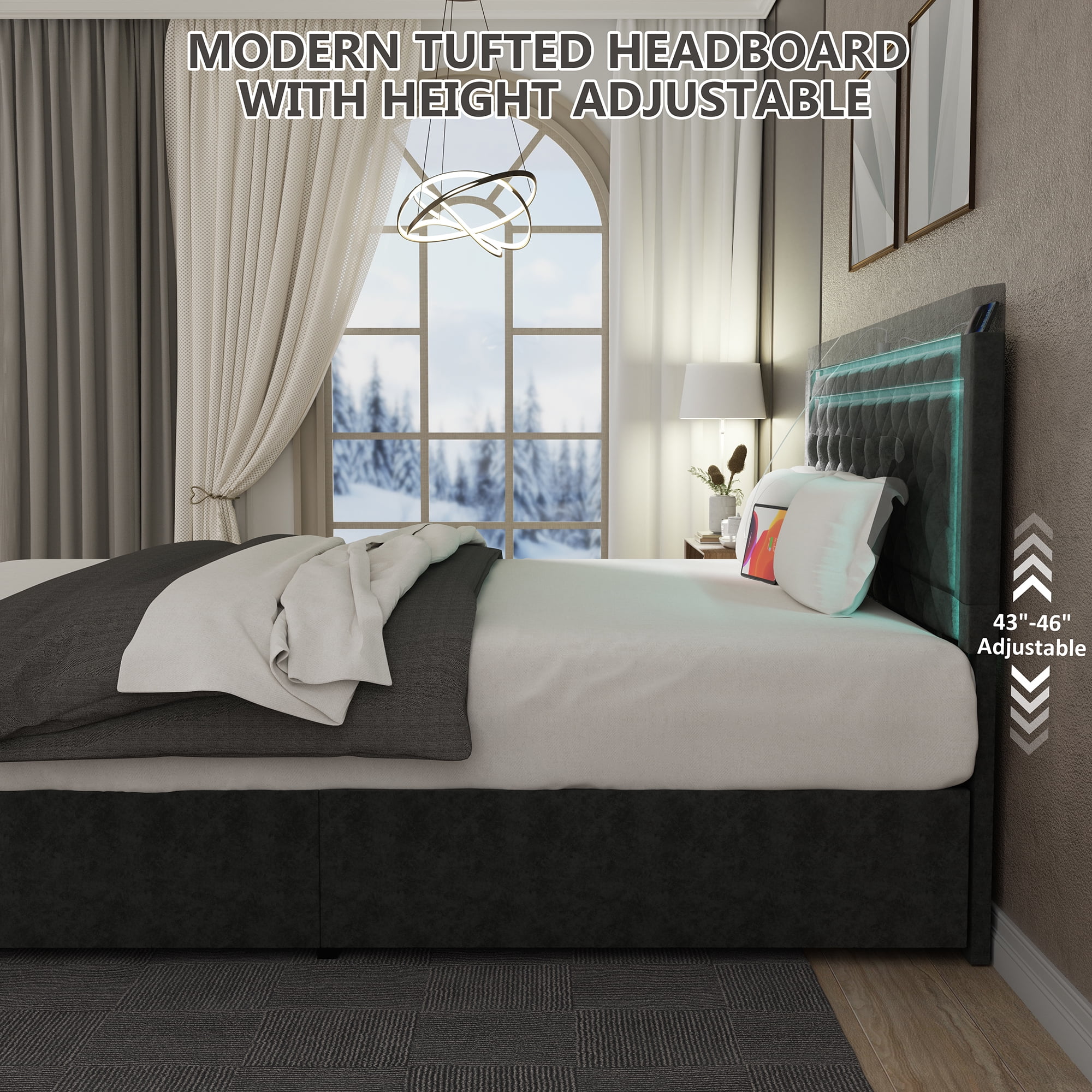 Full Bed Frame with 4 Storage Drawers, Upholstered Platform Bed Frame with Type-C & USB Ports, Adjustable Button Tufted Headboard, Mattress Foundation with Slats Support, No Box Spring Needed, Gray