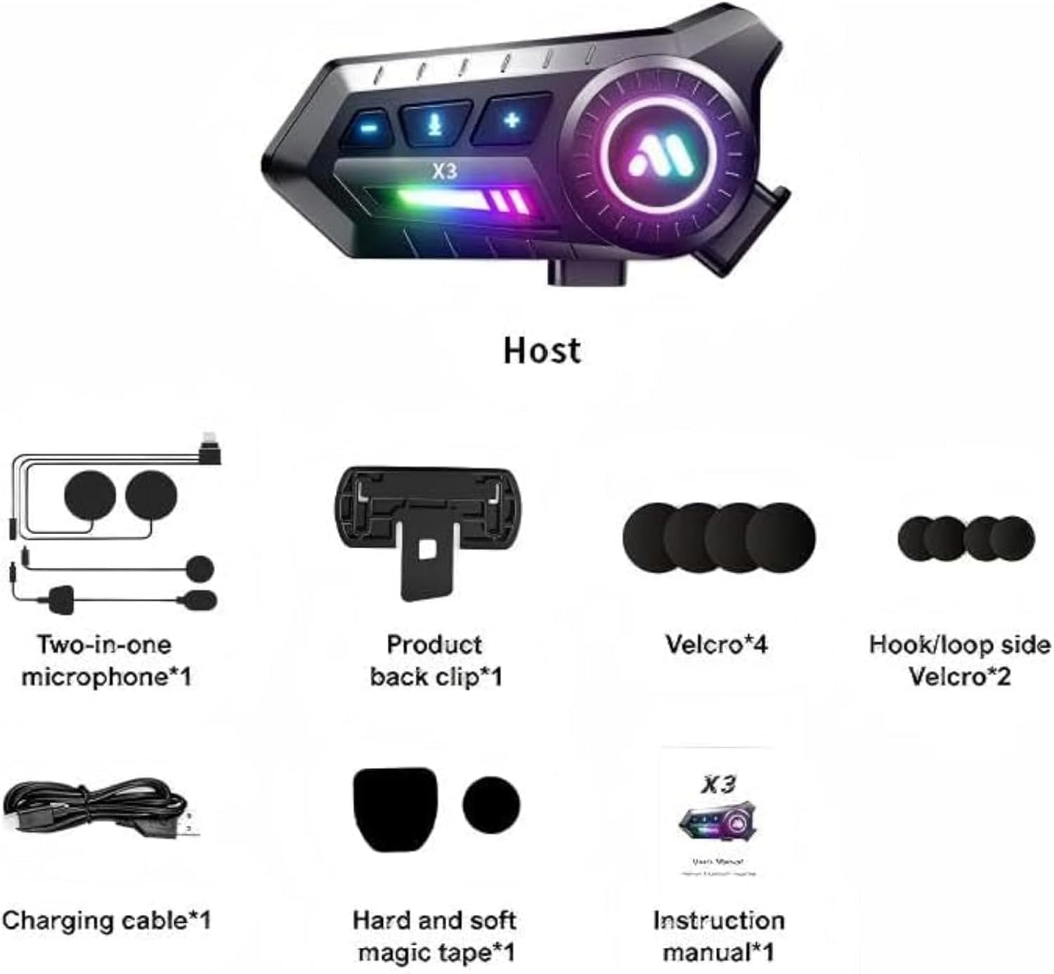 Motorcycle Helmet Bluetooth Headset, IP67 Waterproof, Type-C Charging, Two-in-One Microphone with Ambient Light and Voice Assistant for All Helmets
