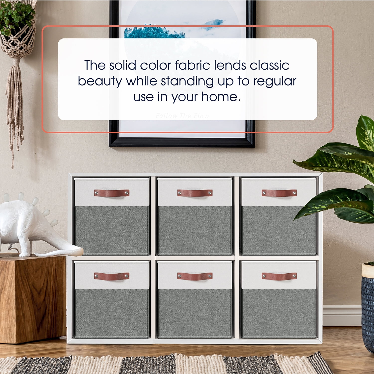 Ornavo Home Foldable Collapsible Storage Box Bins Linen Fabric Shelf Basket Cube Organizer with Leather Handles - Set of 6 - 13 x 13 x 13 - White/Gray