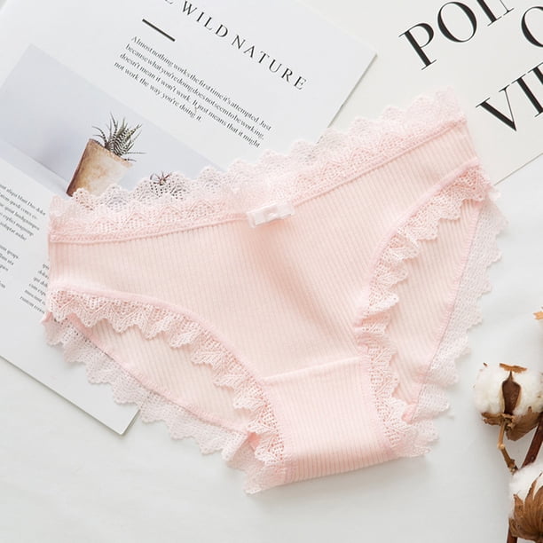 Bragas de color liso para mujer Hilo transpirable Algodón de tiro medio con ribete de encaje Bowknot Abanopi Rosa claro M