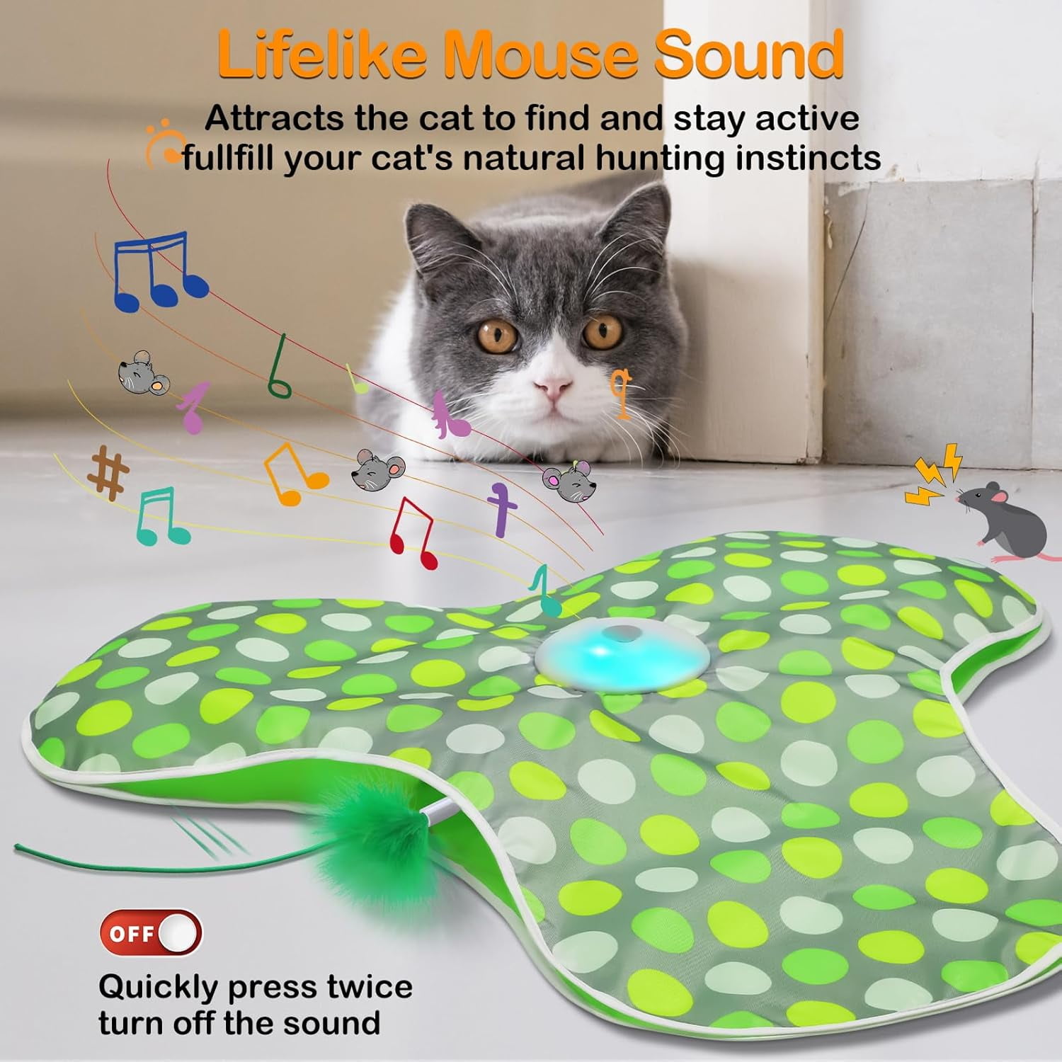 URRU Interactive Cat Toys for Indoor Cats,Hide and Seek Interactive Cat Toy with Real Mouse Squeaky & Moving Concealed Feathers,Touch Activated Cat Kitten Toy Exercise Toy for Indoor Bored Adult Cat