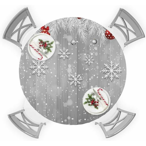 Christmas Snowflake Round Tablecloth for 36"-44" Tables, Waterproof Outdoor Table Cloths 44 Inch Round Fitted Tablecloth with Elastic, Xmas Balls Farmhouse Wooden Grain Grey Table Cloth Cover