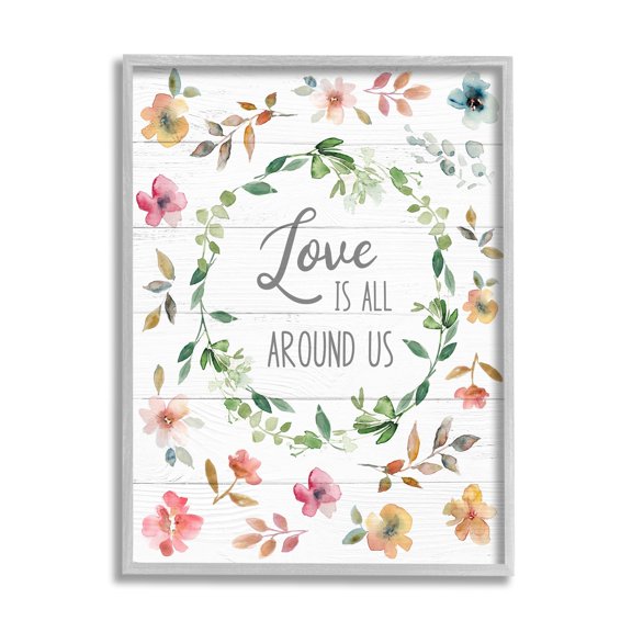 Stupell Industries Love is Around Us Motivational Spring Phrase Watercolor Flowers Gray Framed Art Print Wall Art, 11x14, by Carol Robinson