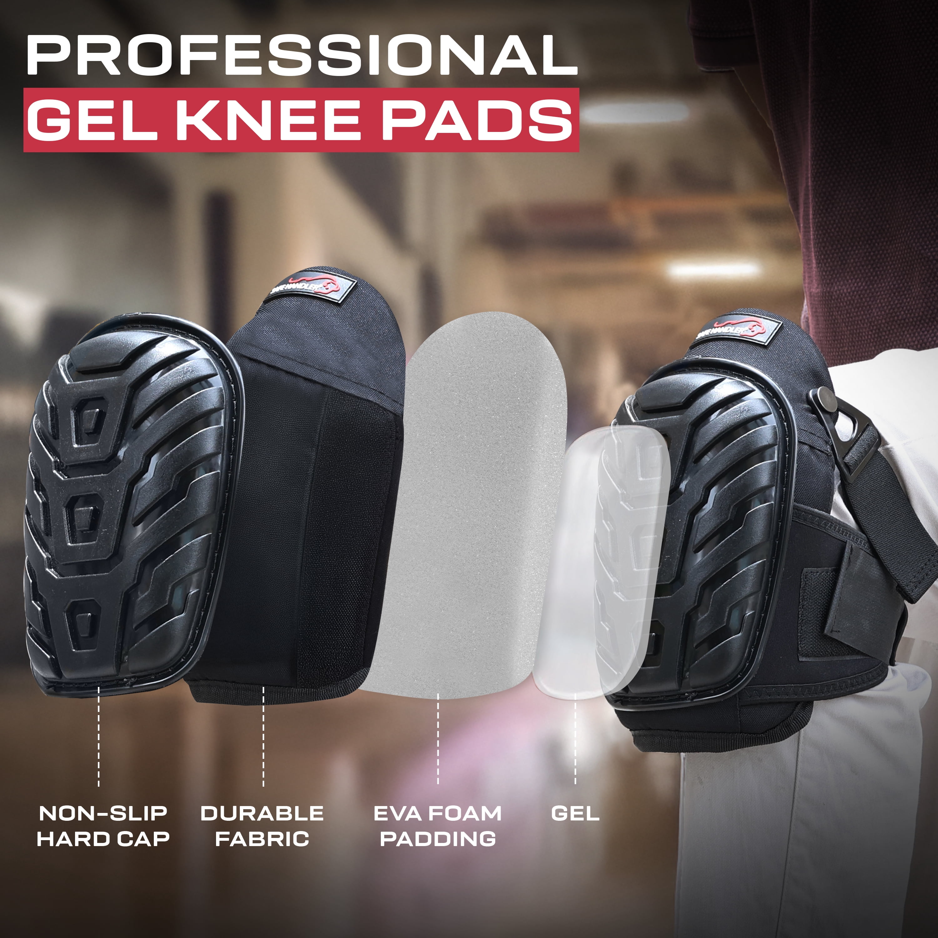 Safe Handler Professional Crystal Gel Knee Pads for Work with Soft EVA Foam and Gel Cushion — Heavy Duty Tough Cap, Reinforced Adjustable Buckle Straps