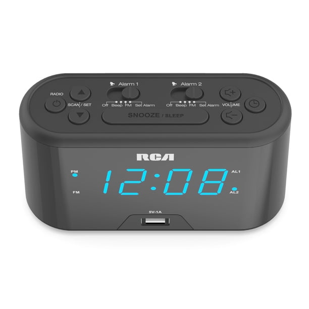 Reloj RCA RC571 con alarma digital y radio FM con carga USB