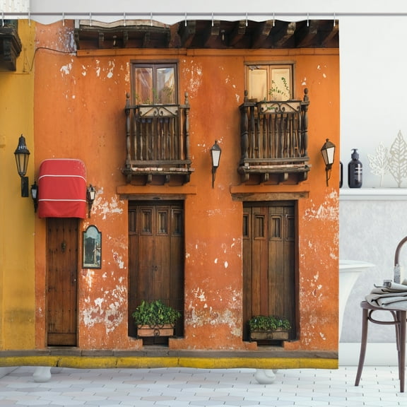 Ambesonne America Shower Curtain, Cartagena Streets Photo, 69"Wx84"L, Orange Brown