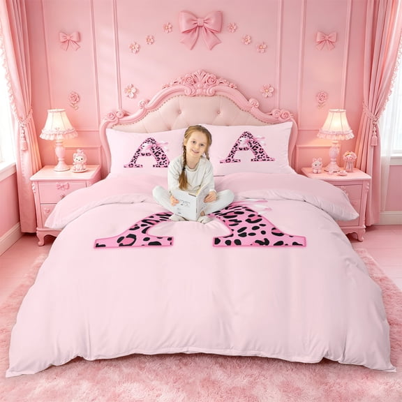 Catabedysis Pink ABC Print A Bedding,Leopard Monogrammed Gifts Duvet Cover Full For Girls,Pink Reversible,3-Piece,1 Duvet Cover and 2 Pillowcases