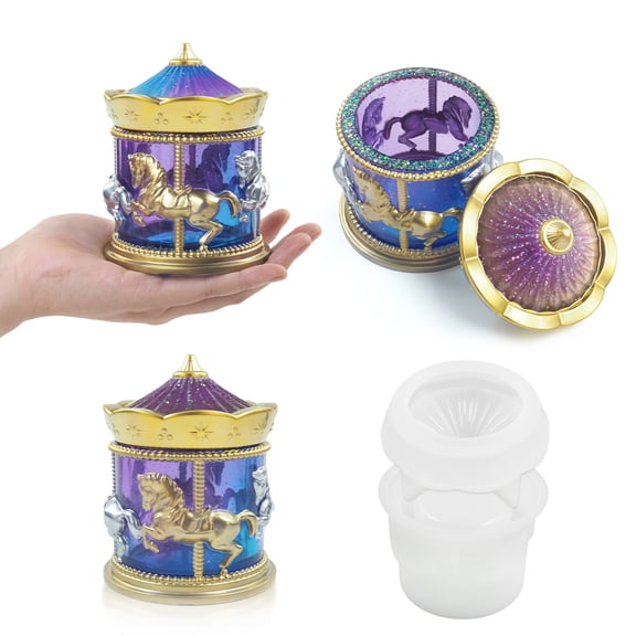 Bolincty 1 Set Resin Molds Carousel Horses Jar Silicone Mold with Lid Easy Release Epoxy Mold Storage Box Container Decoration Resin Casting DIY Craft Gift