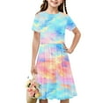 thumbnail image 3 of Odeerbi Niñas Gradiente Tie-Dye Skater Vestido Verano Flamed Swing Vestido Niños Manga Corta Elástico Vestido de Una Línea, 3 of 7