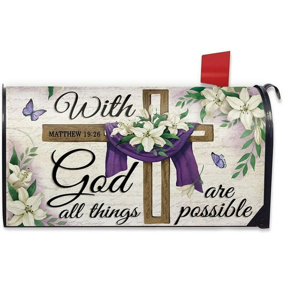 Easter with God All Things are Possible Mailbox Cover Magnetic Standard Size 21"x19", Religious Cross Decorative Post Letter Box Wrap Decor, Spring Summer Lily Garden Yard Outdoor Decoration