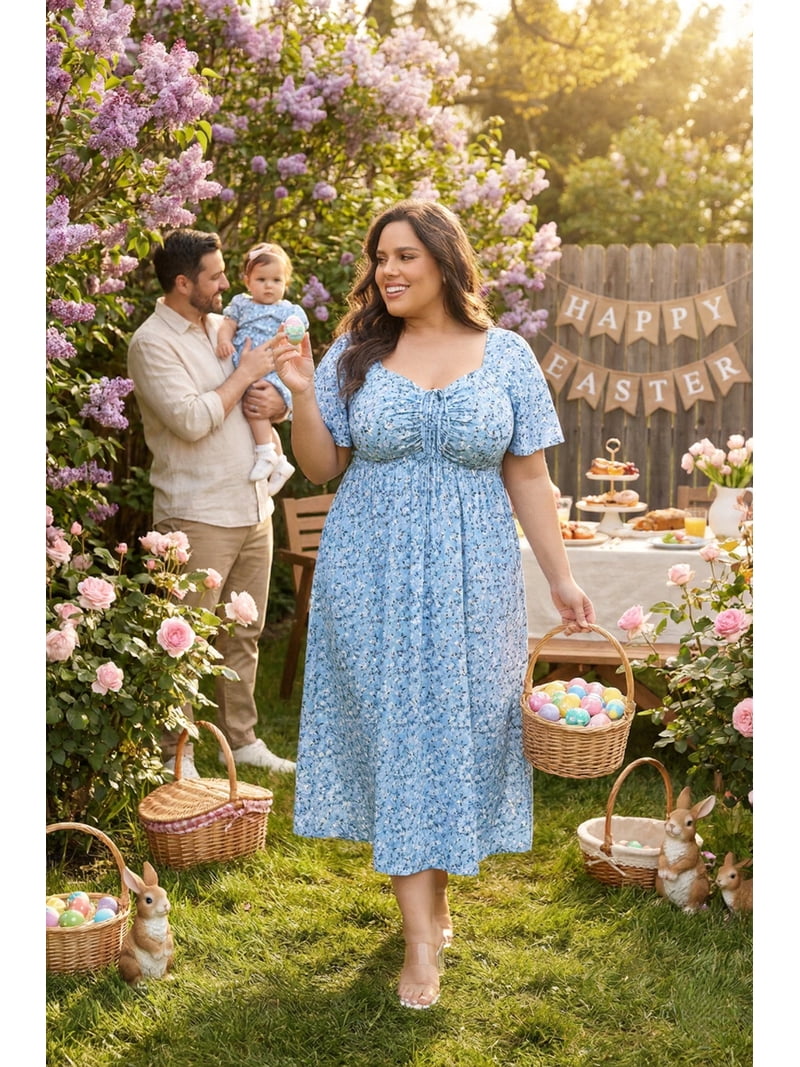 CASSIE LIZ Dresses for Women Summer Midi Womens Sun Dresses Blue Floral  Boho Beach Short Sleeve V Neck Loose Fit Easter Spring Party Dresses with  Pocket XL 14W 16W - Walmart.com