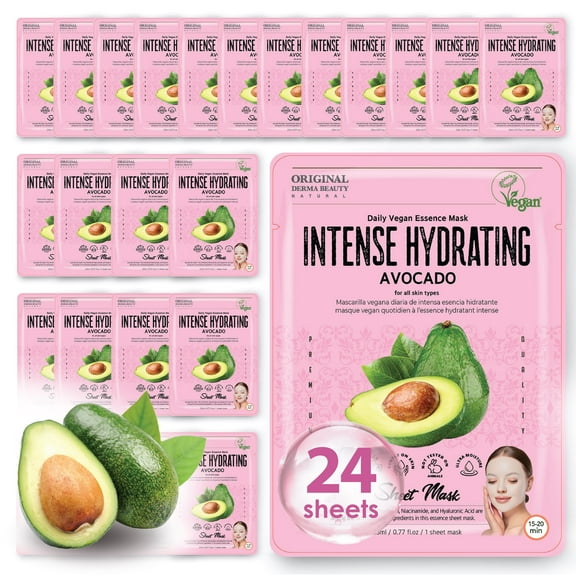 Original Derma Beauty 24 Pack Vegan Intense Hydrating Avocado Essecne Mask Sheet - Vegan Face Mask Skin Care Face Masks Skincare, Facial Masks for Women Skin Care