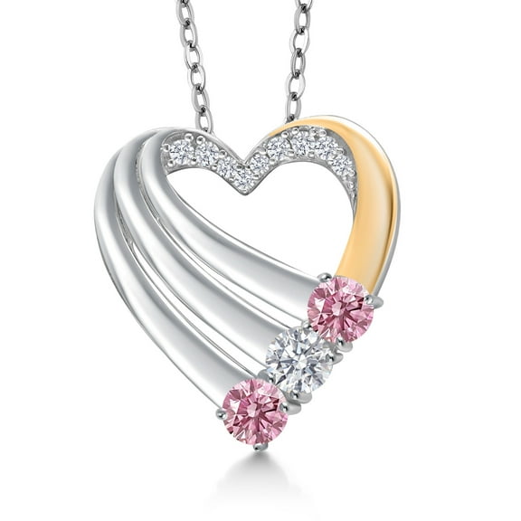 Gem Stone King 925 Silver and 10K Yellow Gold Pink Lab Grown Diamond and White Lab Grown Diamond Heart Pendant for Women | 0.87 Cttw | Gemstone April Birthstone | With 18 inch Chain