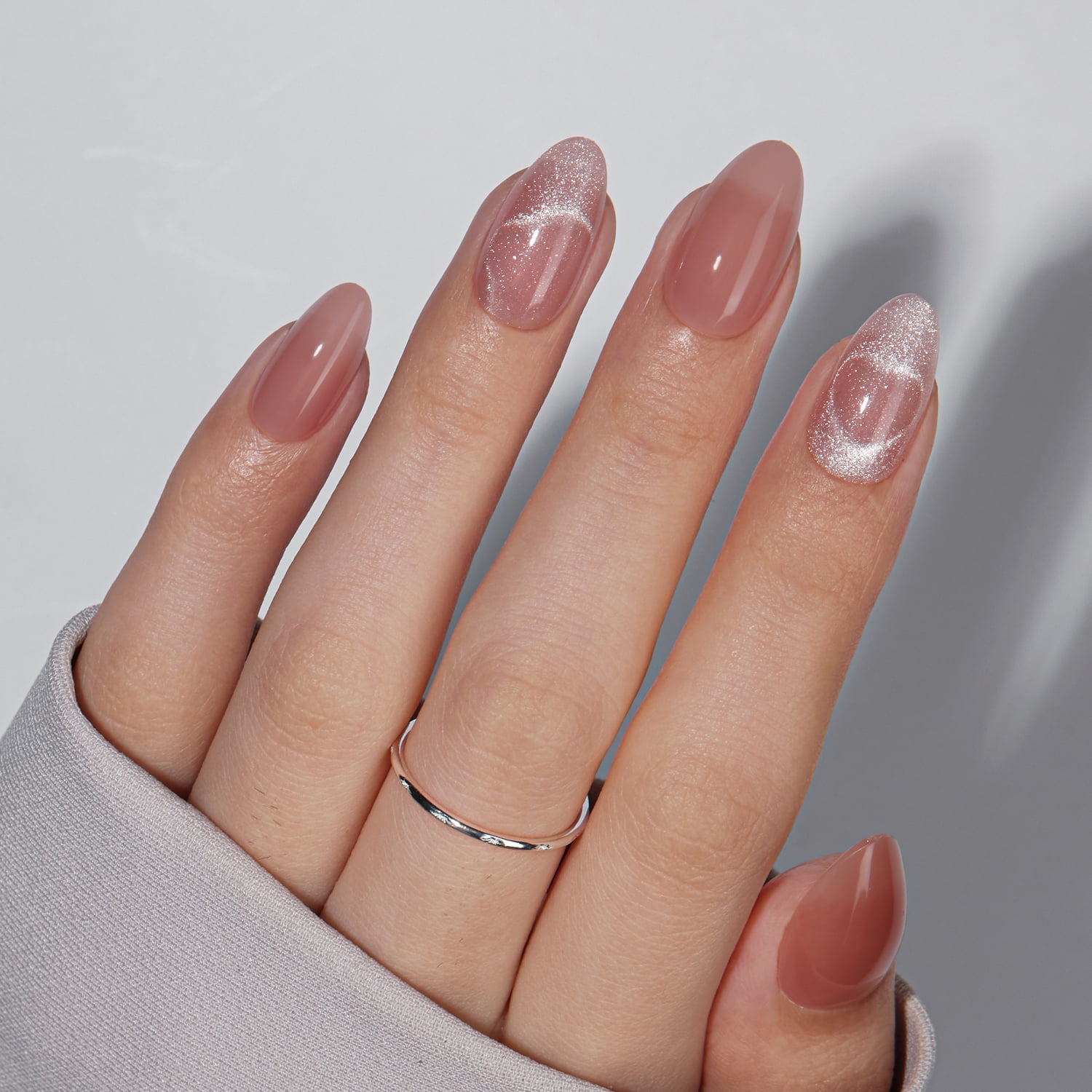 VSALON 42 Count Almond Press-On Nails, 32 PCS Pink French Tip & Cat Eye Nails, 2 Sets of 21 PCS Each, Full Well Tips, Plastic Material, False Nails, Up to 28 Days Wear, UV Glue Included