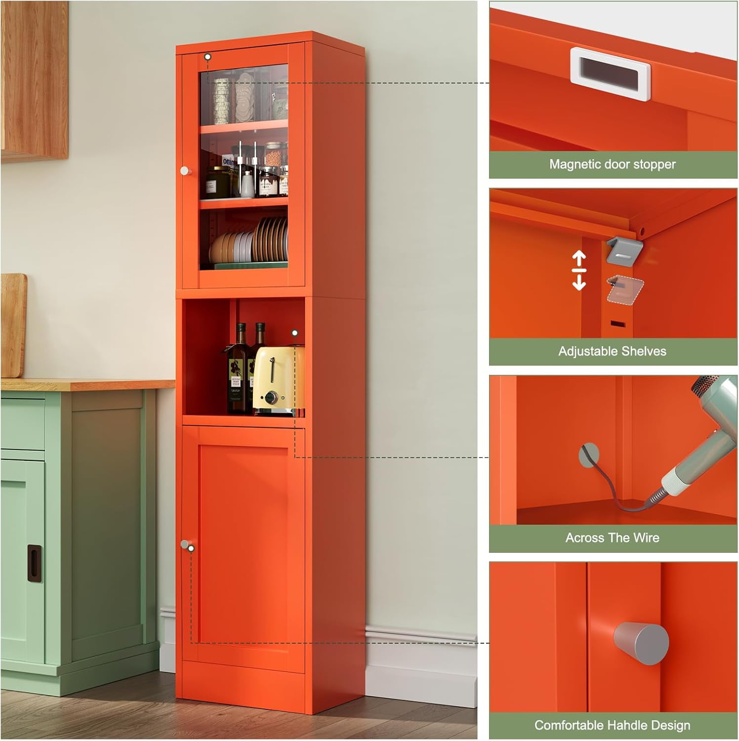 Tall Bathroom Storage Cabinet,Slim Metal Locker with Glass Doors,Freestanding Display Cabinet for Storage, Tall Narrow Cabinets for Pantry, Living Room,Entryway