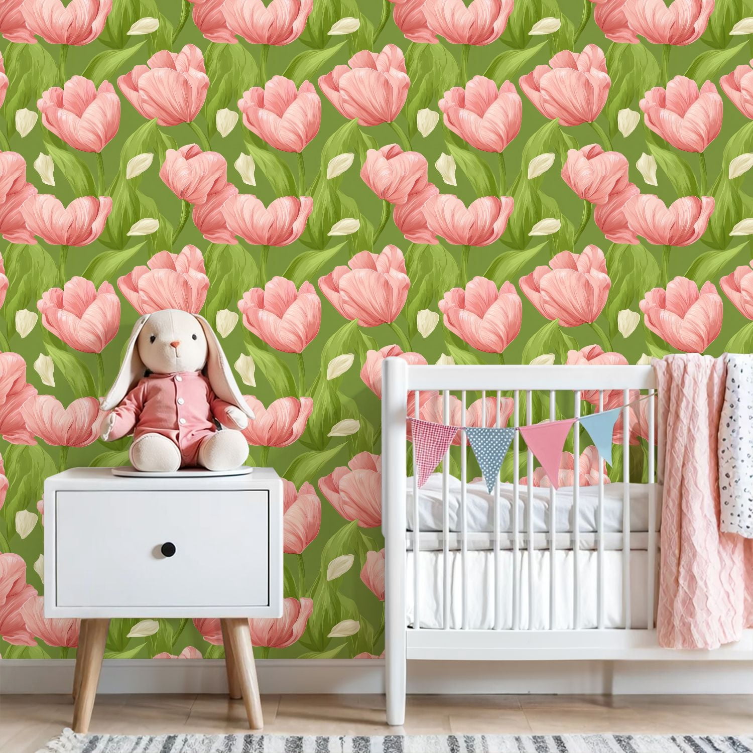 Sage Green Peel and Stick Wallpaper Pink Tulip Floral Green Soft Green Leaves Petals Wall Mural 23.6in x 9.8ft Self Adhesive Removable Wall Paper Renter Friendly Wallpaper for Girls Bedroom