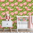 thumbnail image 3 of Sage Green Peel and Stick Wallpaper Pink Tulip Floral Green Soft Green Leaves Petals Wall Mural 23.6in x 9.8ft Self Adhesive Removable Wall Paper Renter Friendly Wallpaper for Girls Bedroom, 3 of 8