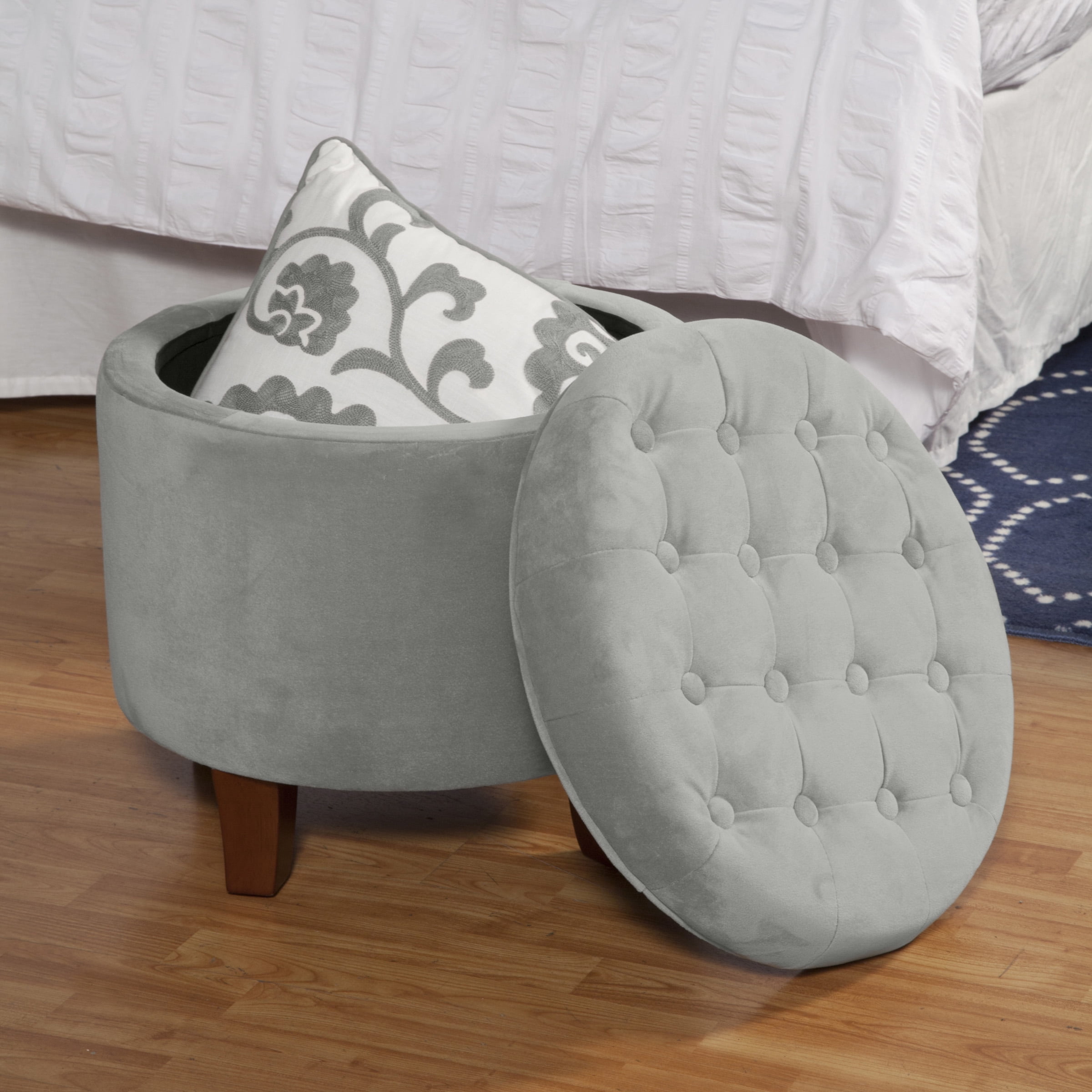Button Tufted Velvet Upholstered Wooden Ottoman with Hidden Storage Light Gray and Brown - Saltoro Sherpi
