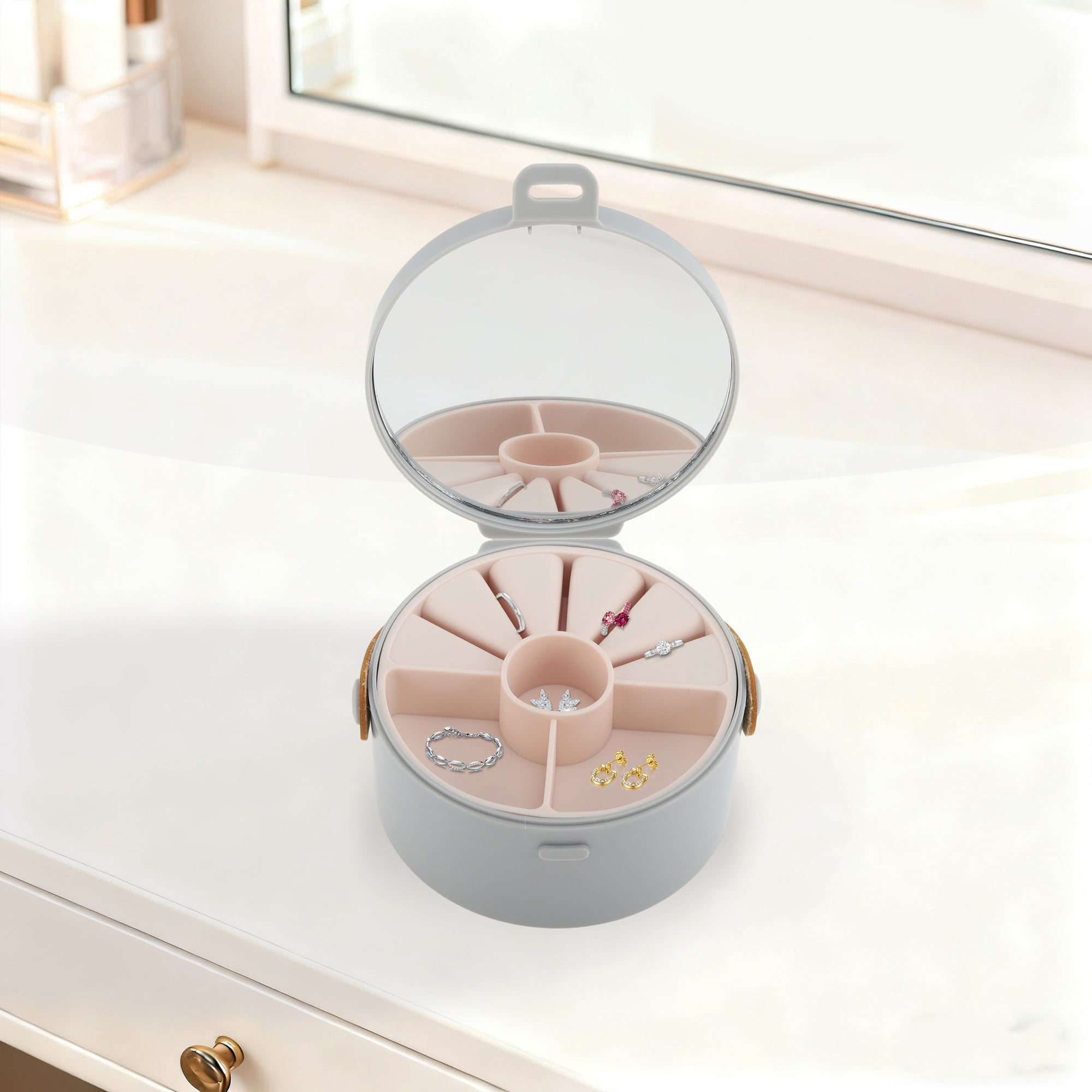 Unique Bargains Elegant Round Multi-Function Jewelry Box Organizer Gray