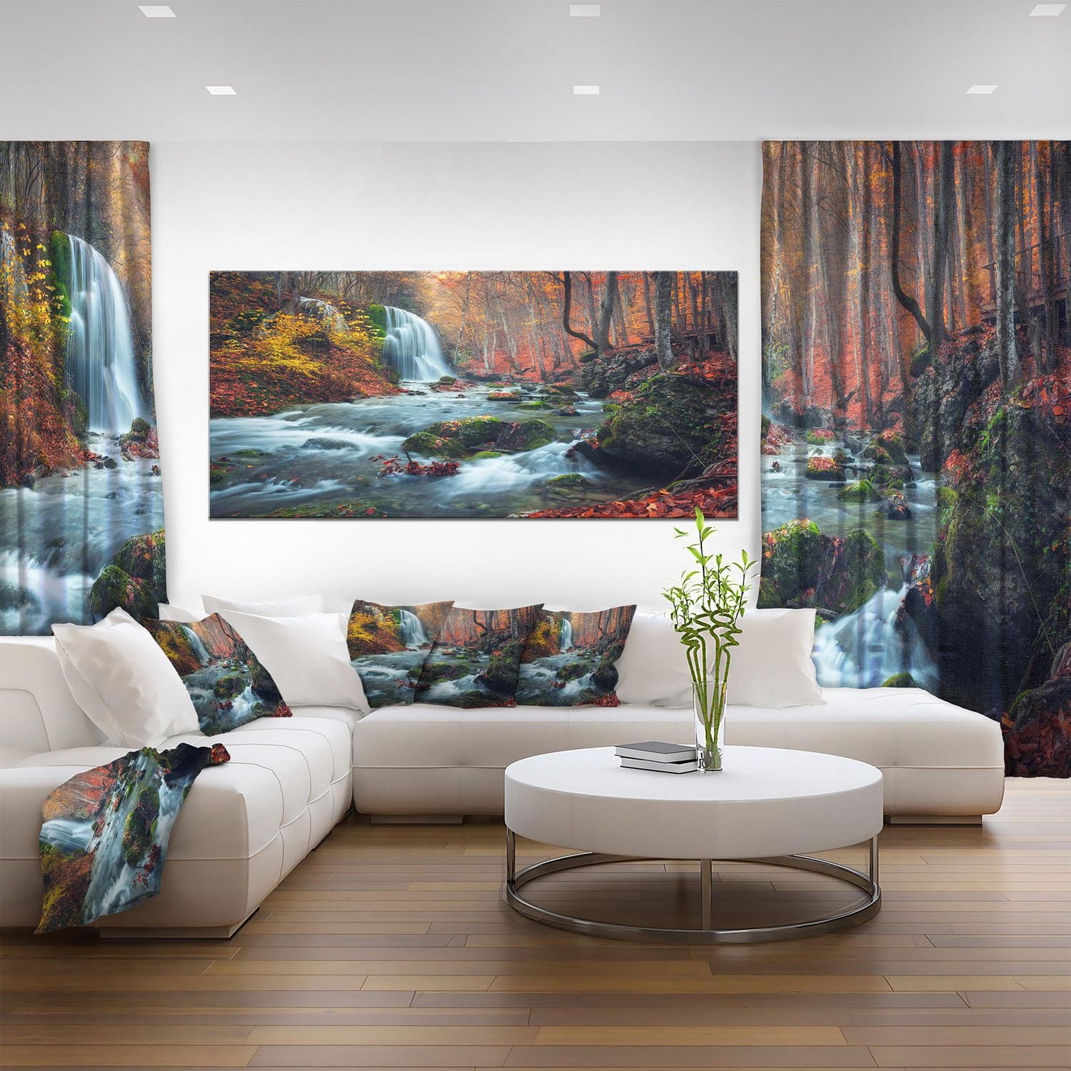 Designart Autumn Mountain Waterfall Long View Canvas Wall Art