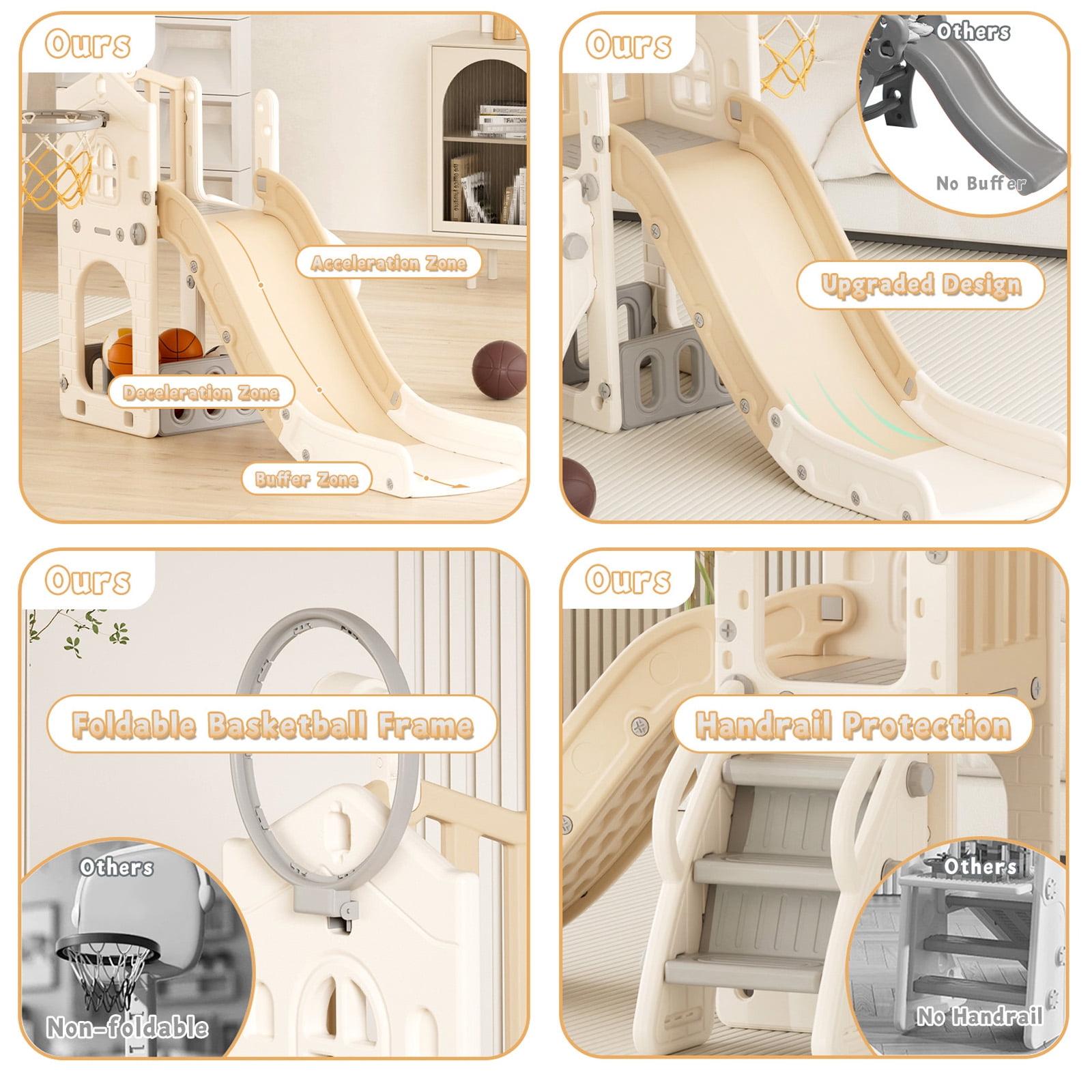XJD 5 in 1 Toddler Slide, Kids Climber Slide with Basketball Hoop and Ball, Indoor Outdoor Playset for Toddlers Age 1-4 (Coffee)