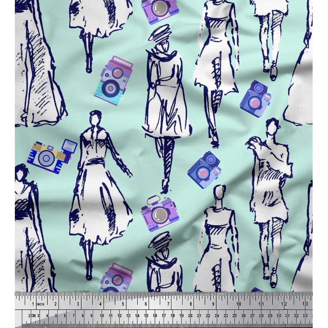 Soimoi Silk Fabric Women & Camera Fashion Print Sewing Fabric Yard 42 Inch Wide