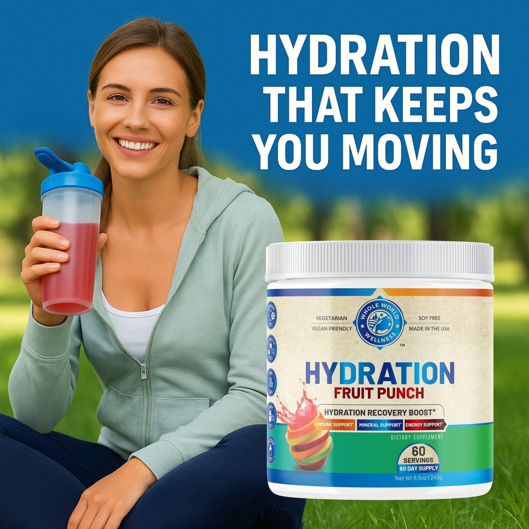 Hydration Electrolyte Powder, Fruit Punch Flavor, 60 Servings, USA Made
