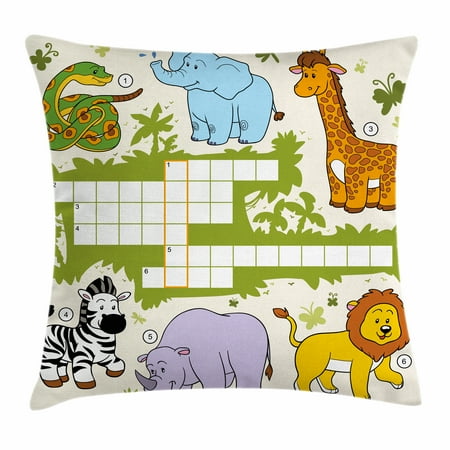 Word Search Puzzle Throw Pillow Cushion Cover, Colorful Crossword Game for Children Wild Jungle ...