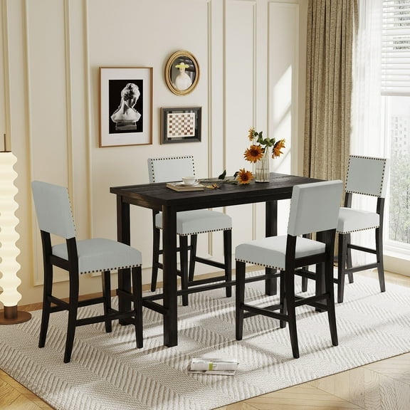 EUROCO 52" 5 Piece Longer Dining Set Kitchen Table Set Counter Height Table Set with One Rectangle Table and 4 Cushioned Chairs for 4 Persons Dining Room Table Set for Small Place