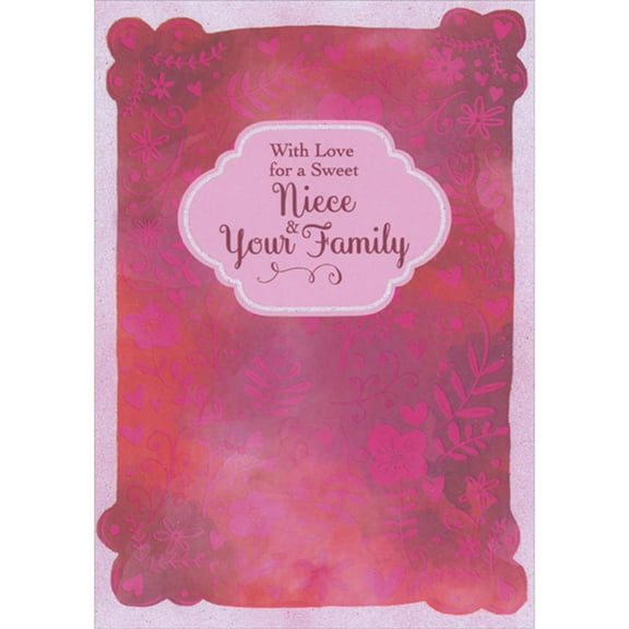 Designer Greetings Bright Pink Flowers and Vines on Red and Pink Watercolor Background with Sparkling Border Valentine's Day Card for Niece and Family