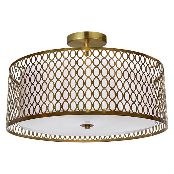 Dainolite  17 in. Kordan 3 Light Semi-Flush Mount Ceiling Light with White Shade, Aged Brass