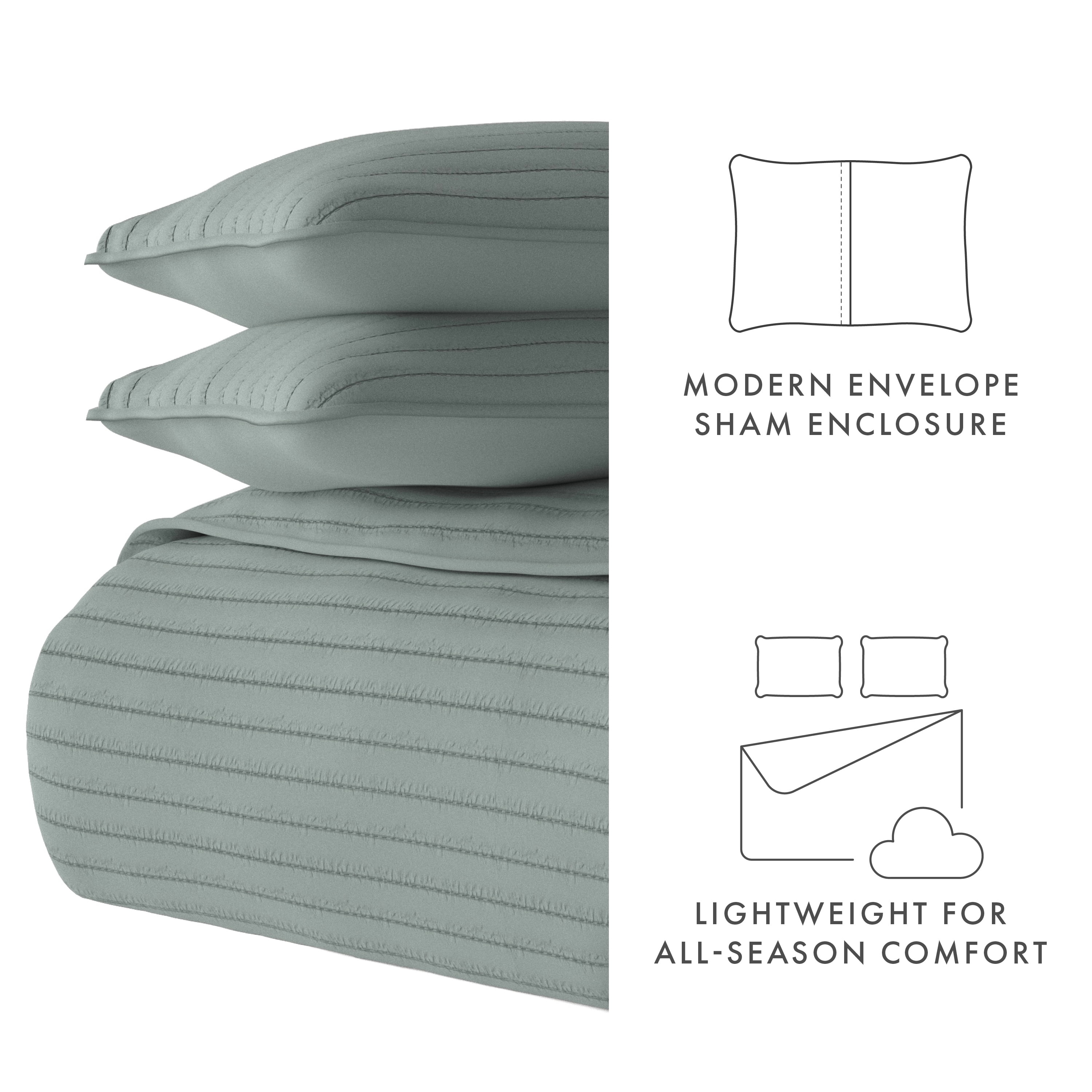 Noble Linens 3 Piece Eucalyptus Stripe Stitch Quilt Set, Queen / Full